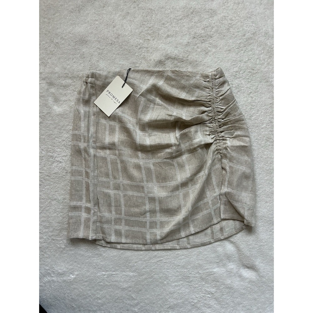 NEW Promesa tan and cream plaid mini skirt w/rusching Sz S #plaid #miniskirt